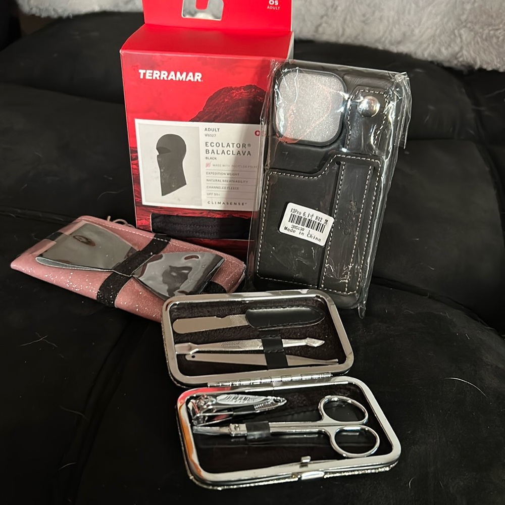 13 Pro phone case, Terramar face warmer, pink coin pouch & a sliver nail kit.